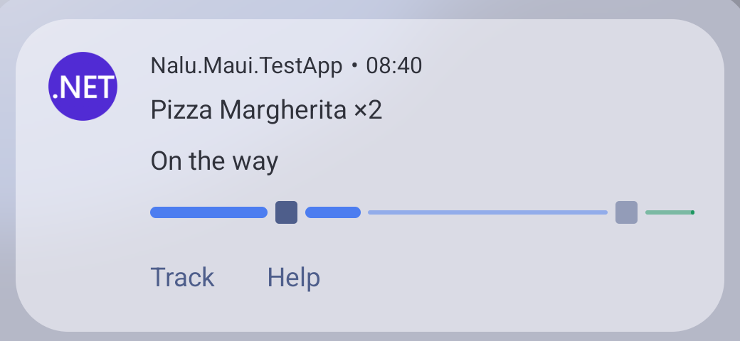 Android Live Update card: title, subtitle, segmented progress with milestone points, countdown, action buttons