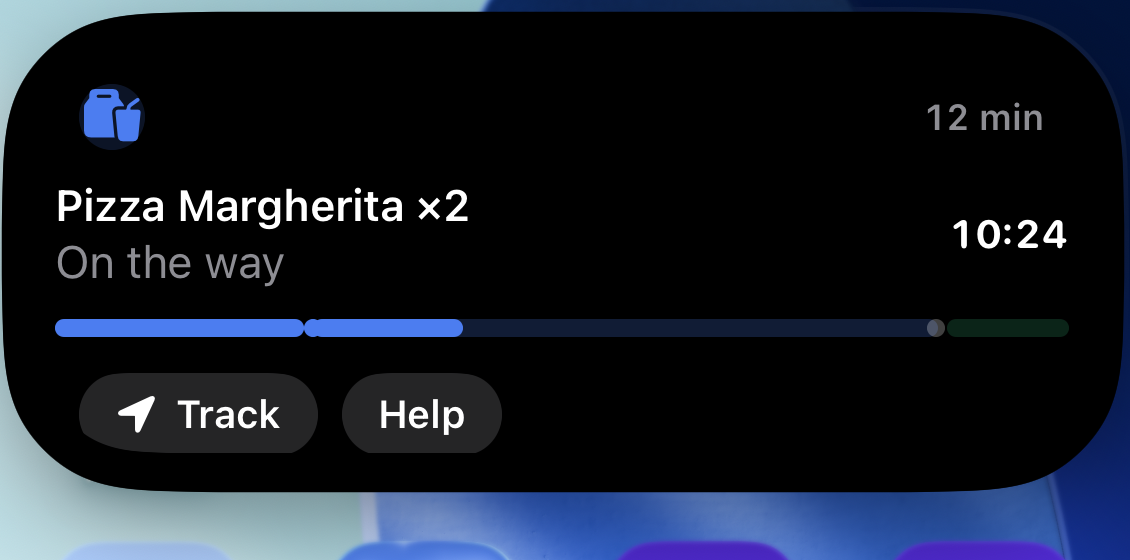 iOS expanded Dynamic Island: same content — glyph and chip caption in the corners, title, big countdown, segmented track, action buttons